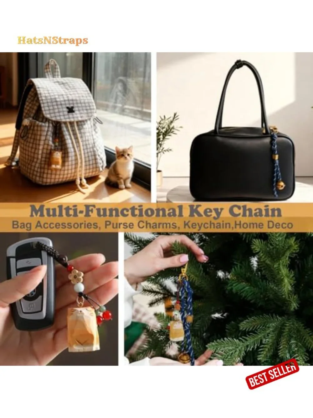 Handmade Wooden Cat Keychain and Paracord Bag Charm Set
